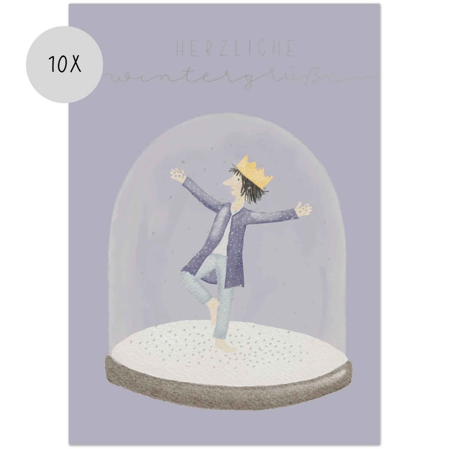 Winterkarten Set 10 Stück – "Kleiner König in Schneekugel" | handillustrierte Grußkarten A5/A6 | „Herzliche Wintergrüße“