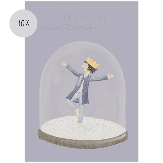 Winterkarten Set 10 Stück – "Kleiner König in Schneekugel" | handillustrierte Grußkarten A5/A6 | „Herzliche Wintergrüße“