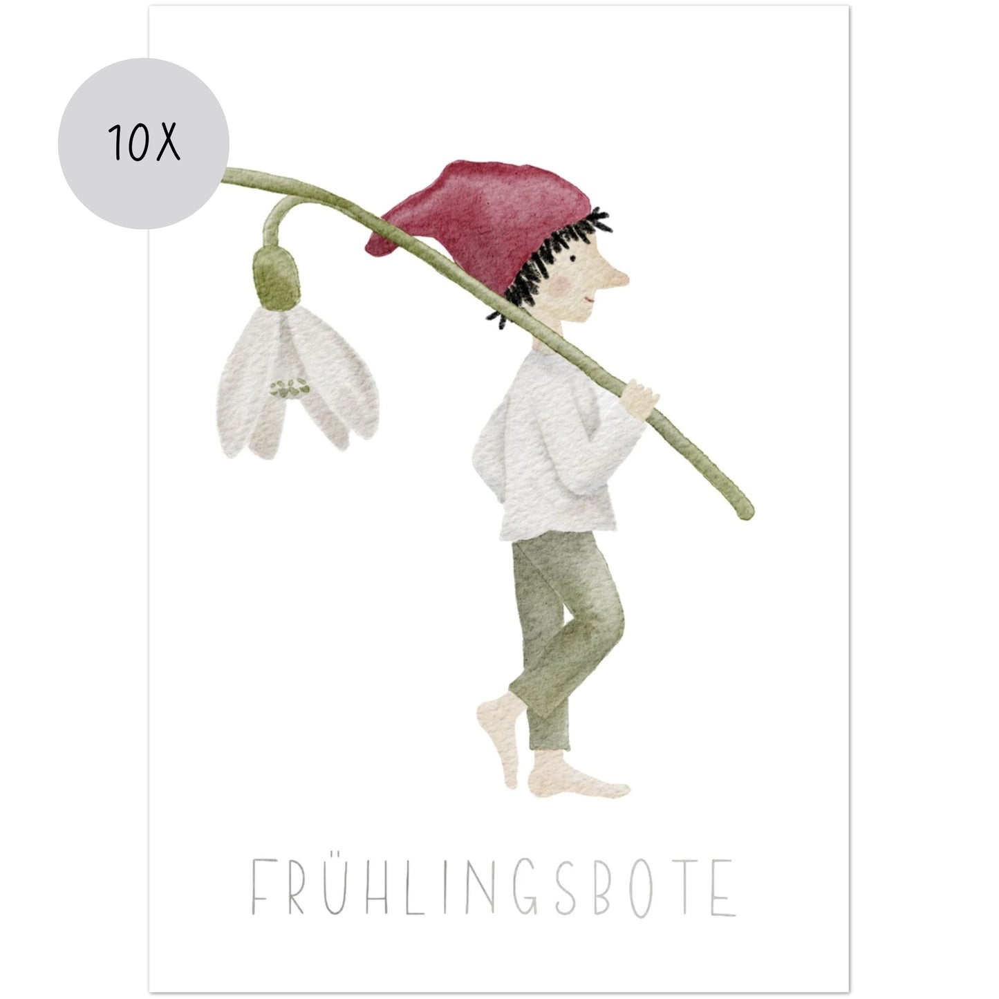 Karten 10er Set "Frühlingsbote" – Grußkarten A6/A5 mit kleinem Zwerg und Schneeglöckchen