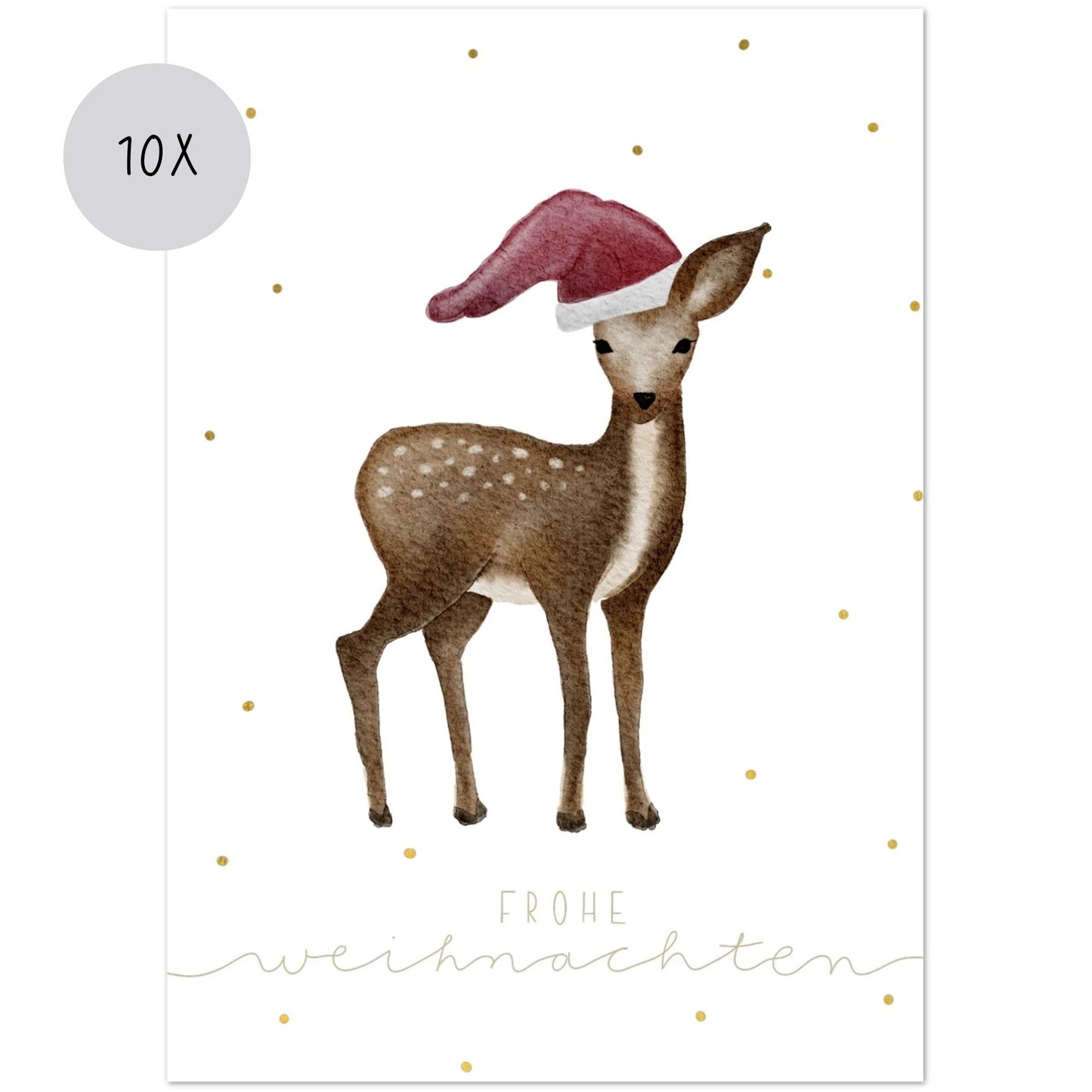Weihnachtskarten Set 10 Stück – Kleines Reh mit Weihnachtsmütze | handillustrierte Grußkarten A5/A6 | Motiv „Frohe Weihnachten“