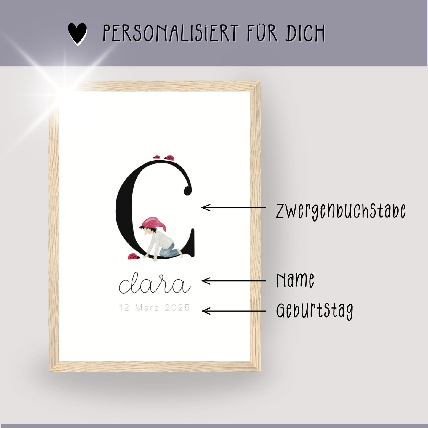 gerahmtes Geburtsposter mit Zwergenbuchstabe (personalisierbar)