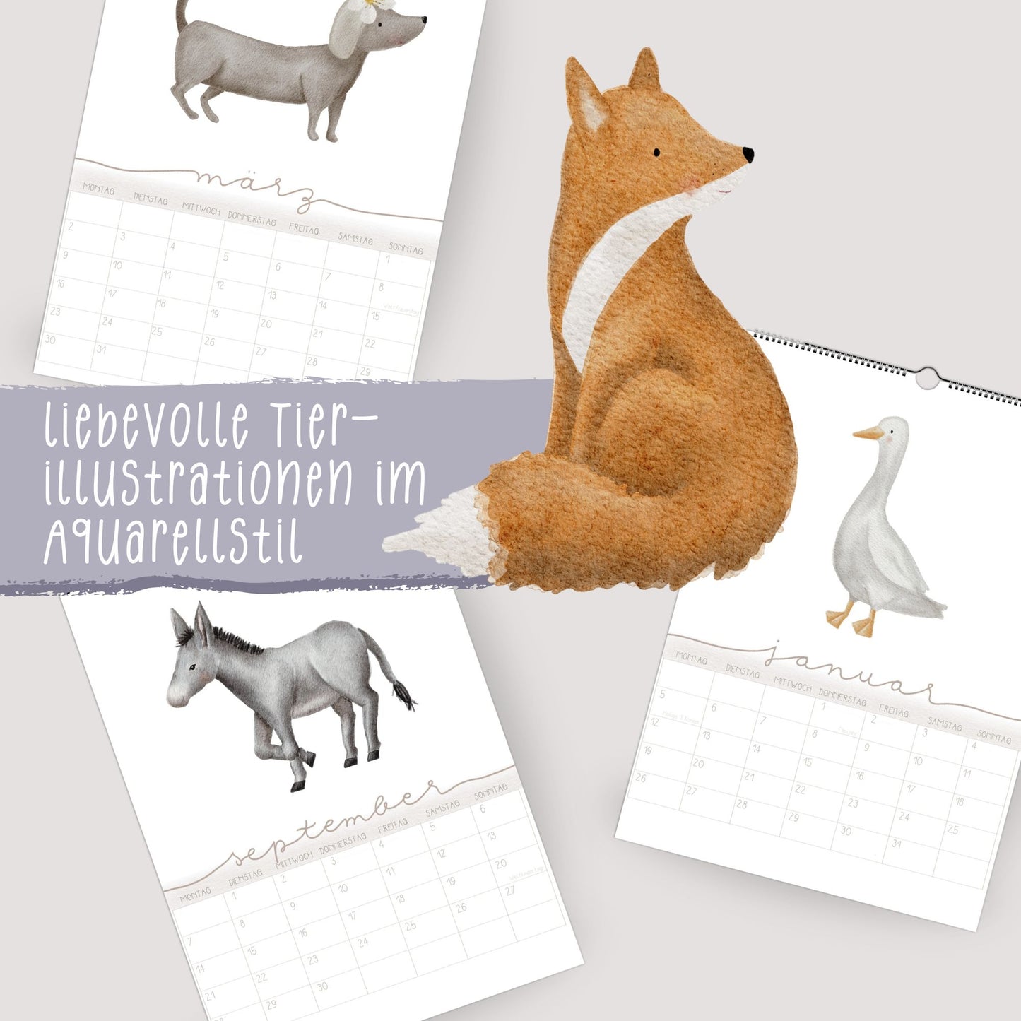 Wandplaner 2026 Lieblingstiere A3/A4 | Handillustrierter Aquarell Kalender | Ruhiges Kinderzimmer Design | Geschenk Familie
