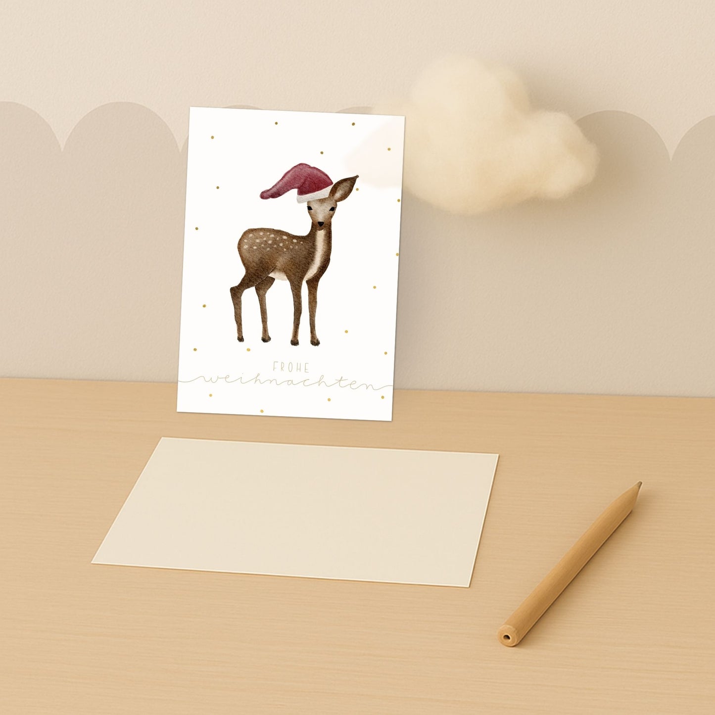 Weihnachtskarten Set 10 Stück – Kleines Reh mit Weihnachtsmütze | handillustrierte Grußkarten A5/A6 | Motiv „Frohe Weihnachten“