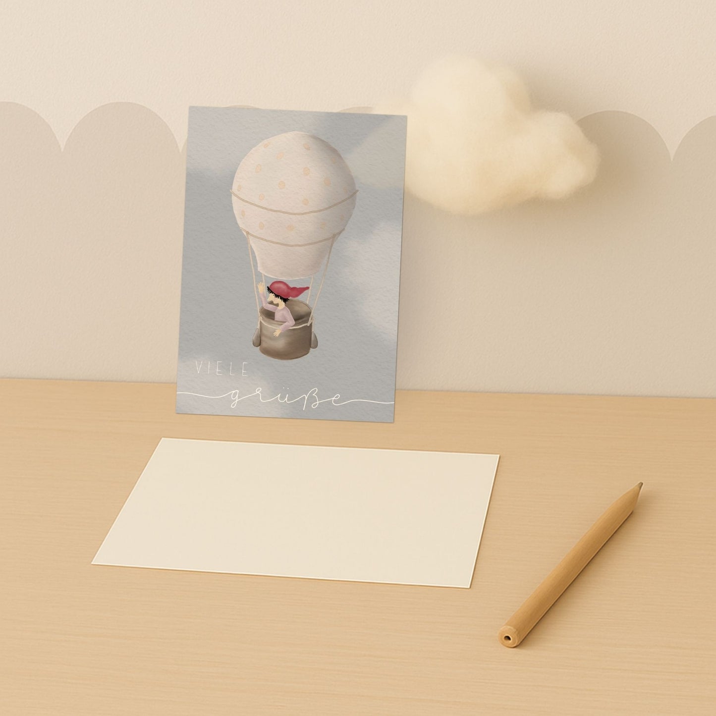Grußkarten Set 10 Stück – "Zwerg auf Ballonfahrt" | liebevoll illustrierte Postkarten A5/A6 | Motiv „Viele Grüße“