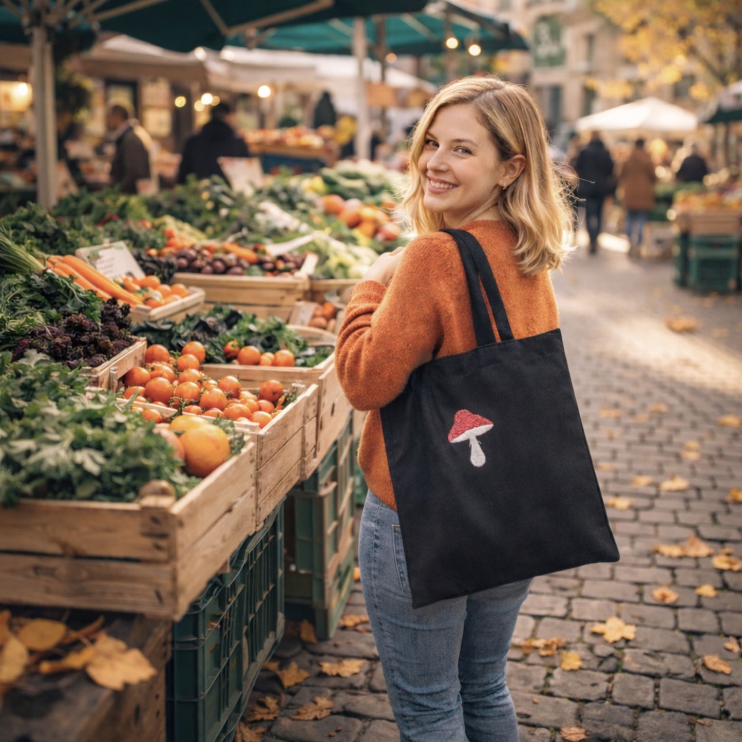 Baumwoll-Tragetasche mit süßer Fliegenpilz-Stickerei