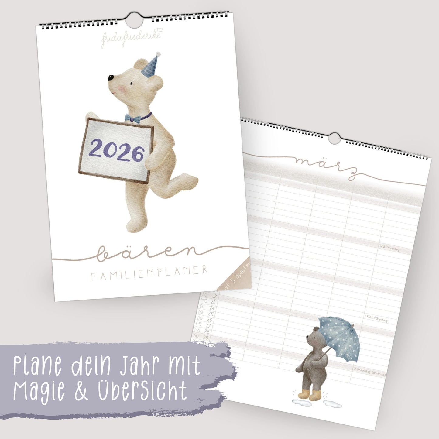 Lustiger Bären Familienplaner 2026 -  Wandkalender für die ganze Familie mit 5 Spalten, Geschenkidee