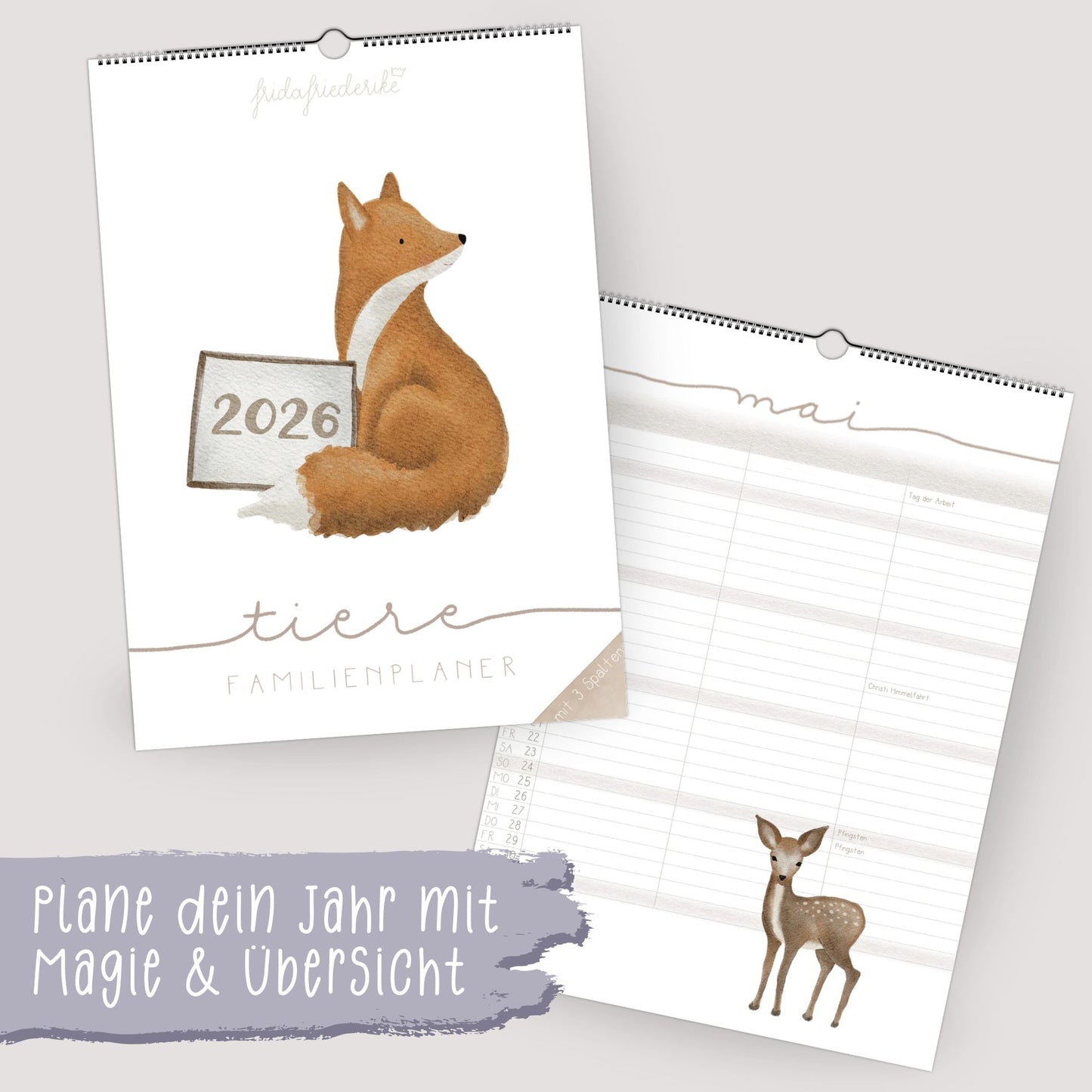 Familienplaner 2026 "Waldtiere" - Handillustrierter Wandkalender für die ganze Familie mit 3 Spalten