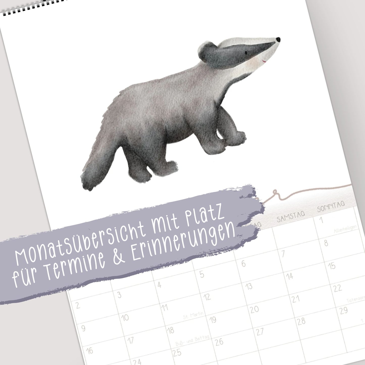 Wandplaner 2026 Lieblingstiere A3/A4 | Handillustrierter Aquarell Kalender | Ruhiges Kinderzimmer Design | Geschenk Familie