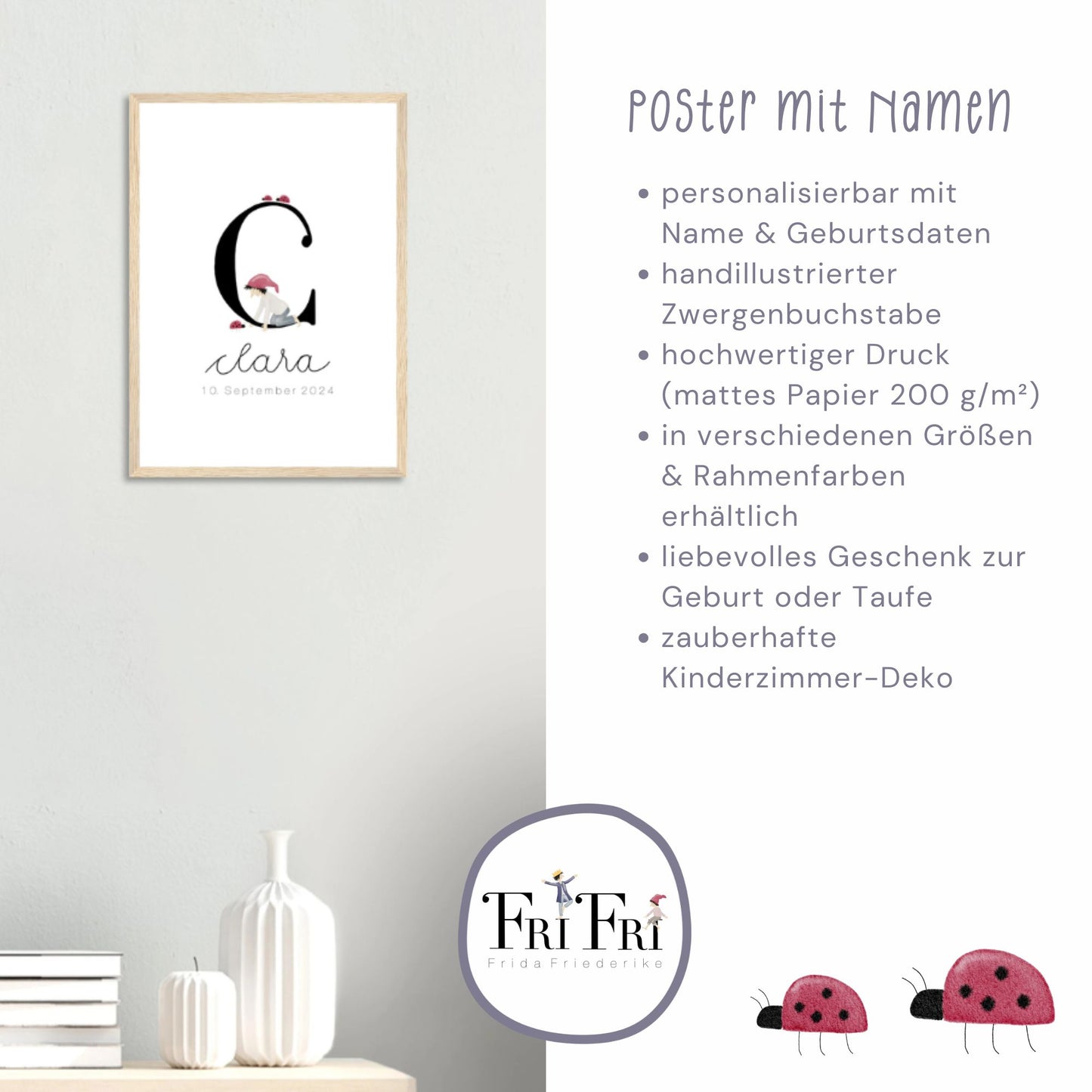 gerahmtes Geburtsposter mit Zwergenbuchstabe (personalisierbar)