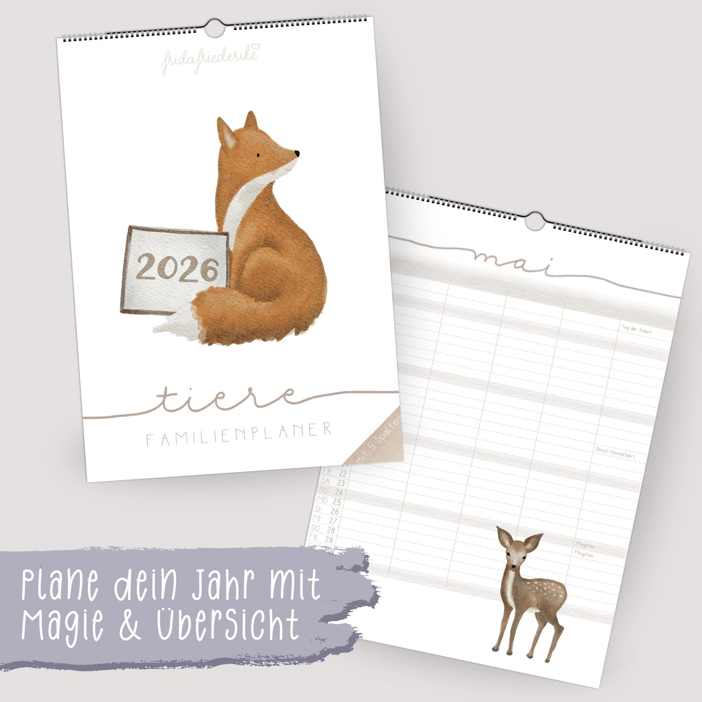 Familienplaner 2026 "Waldtiere" - Handillustrierter Wandkalender für die ganze Familie mit 5 Spalten