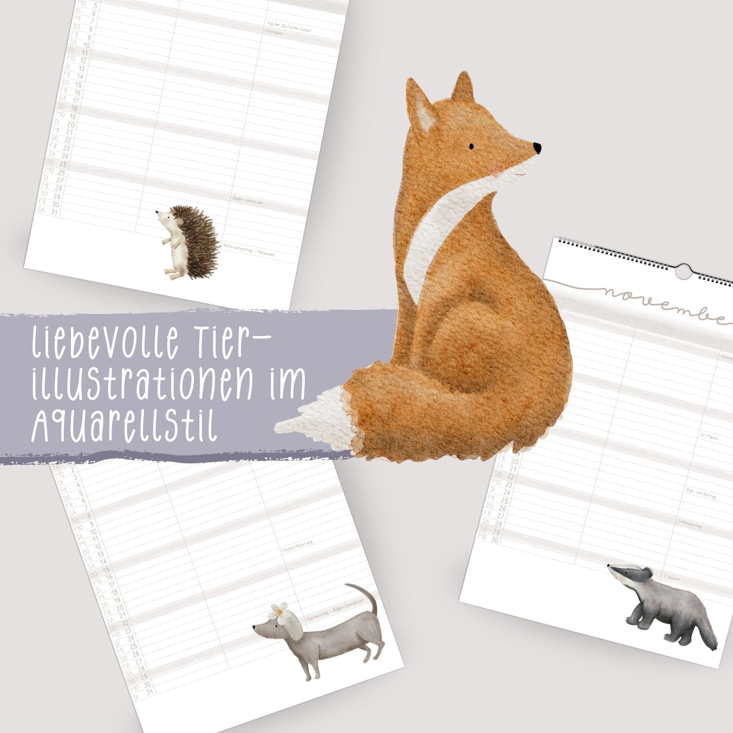 Familienplaner 2026 "Waldtiere" - Handillustrierter Wandkalender für die ganze Familie mit 3 Spalten