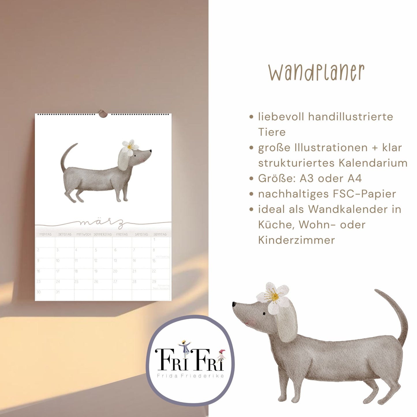 Wandplaner 2026 Lieblingstiere A3/A4 | Handillustrierter Aquarell Kalender | Ruhiges Kinderzimmer Design | Geschenk Familie