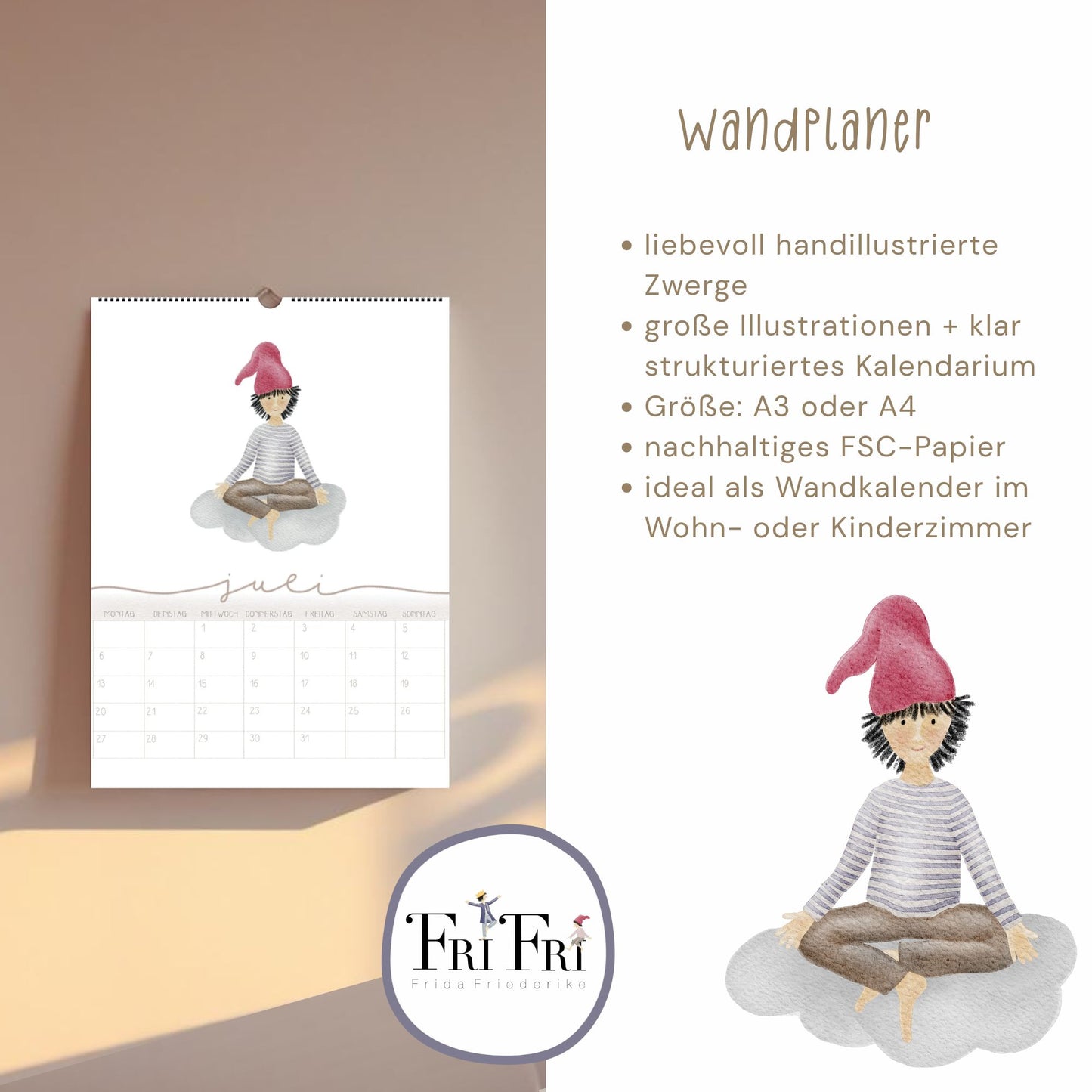 Wandplaner 2026 "Zwerge" A3/A4 – liebevoll illustrierter Kalender mit Zwergenmotiven | märchenhaftes Design | Weihnachtsgeschenk 2026