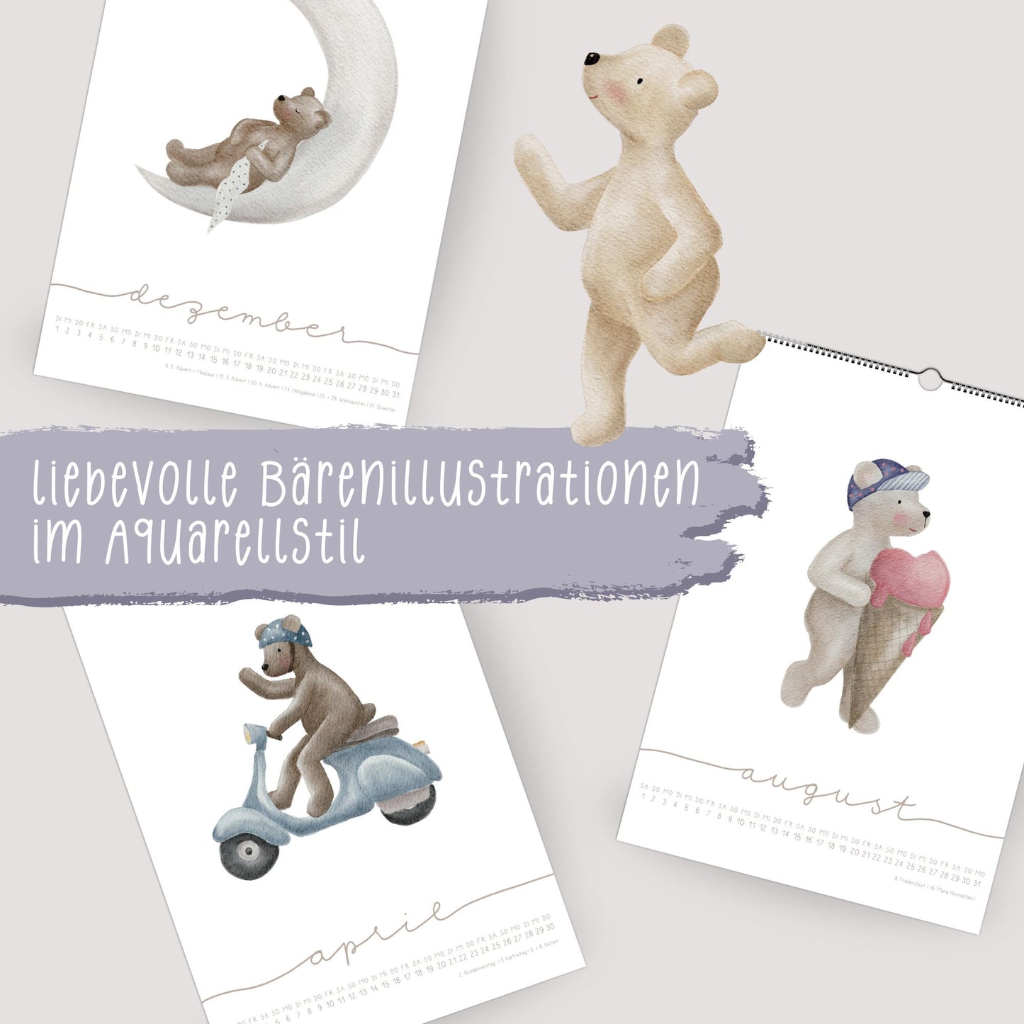 Bären Posterkalender 2026 A4/A3 | Humorvoller Wandkalender | Handillustriert | Geschenkidee | Nachhaltig | Wiederverwendbar