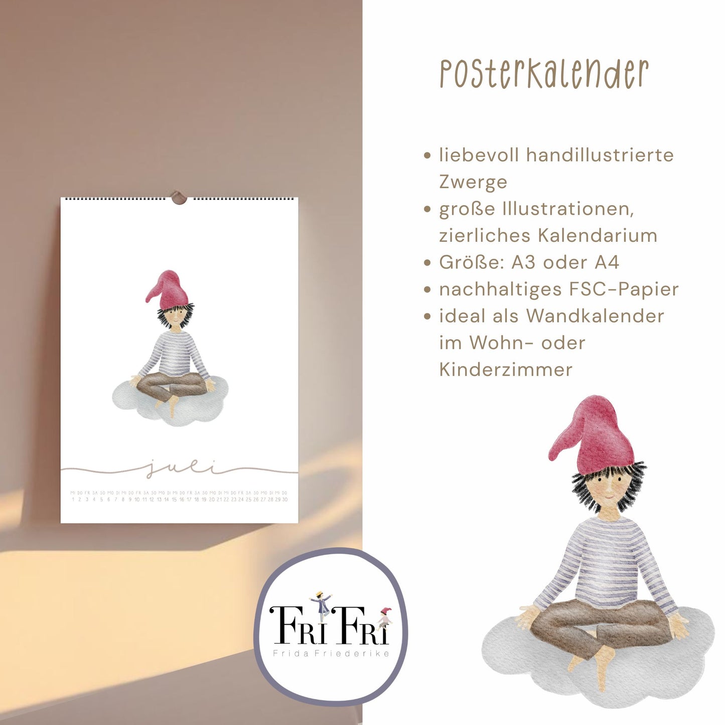 Posterkalender 2026 Zwerge – Handillustrierter Wandkalender A3/A4 | Magischer Kalender & Geschenkidee für Familie, Kinderzimmer und Küche