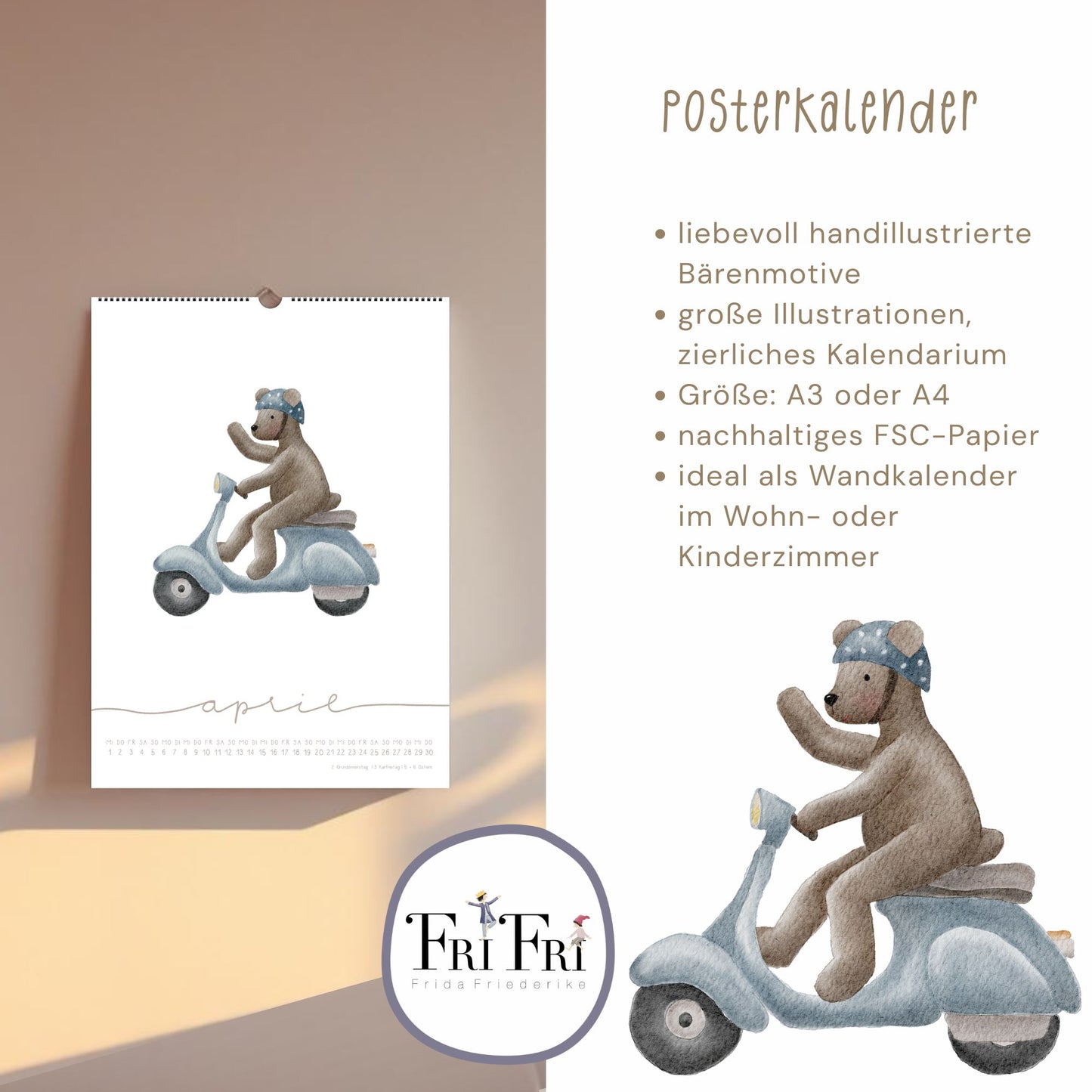 Bären Posterkalender 2026 A4/A3 | Humorvoller Wandkalender | Handillustriert | Geschenkidee | Nachhaltig | Wiederverwendbar