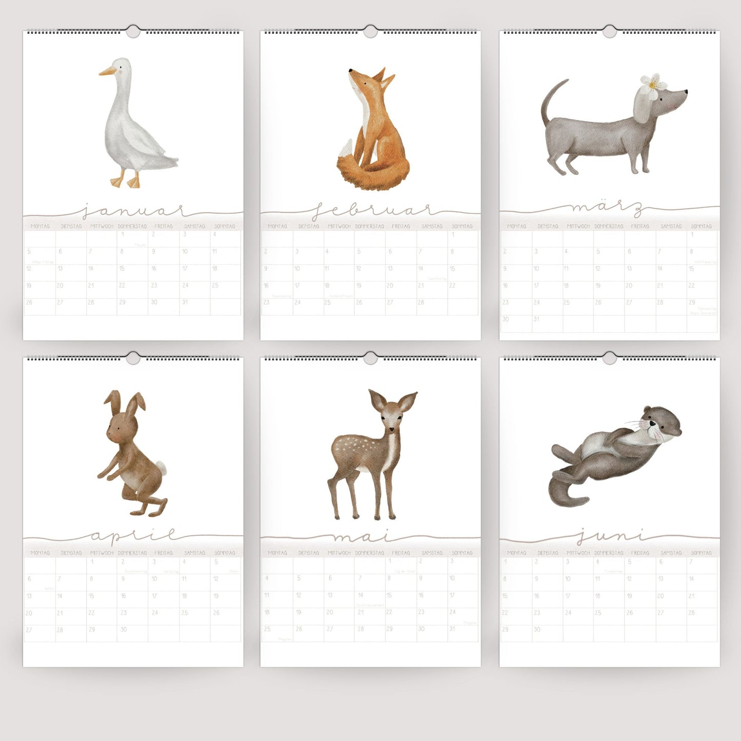 Wandplaner 2026 Lieblingstiere A3/A4 | Handillustrierter Aquarell Kalender | Ruhiges Kinderzimmer Design | Geschenk Familie