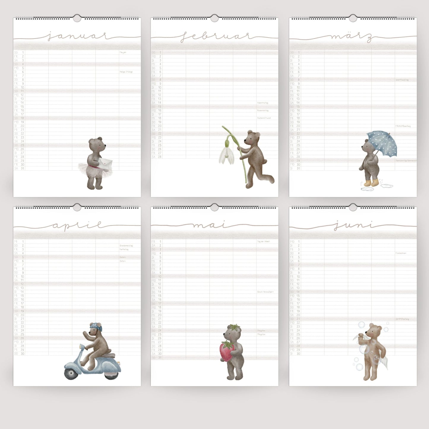 Lustiger Bären Familienplaner 2026 -  Wandkalender für die ganze Familie mit 5 Spalten, Geschenkidee