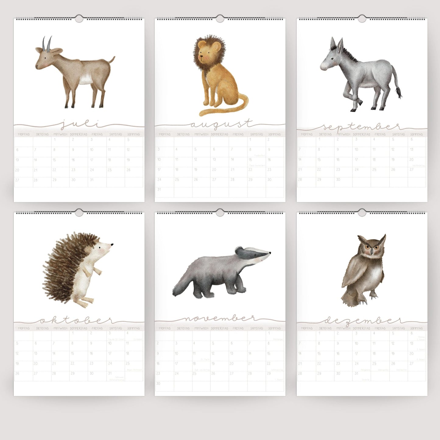 Wandplaner 2026 Lieblingstiere A3/A4 | Handillustrierter Aquarell Kalender | Ruhiges Kinderzimmer Design | Geschenk Familie