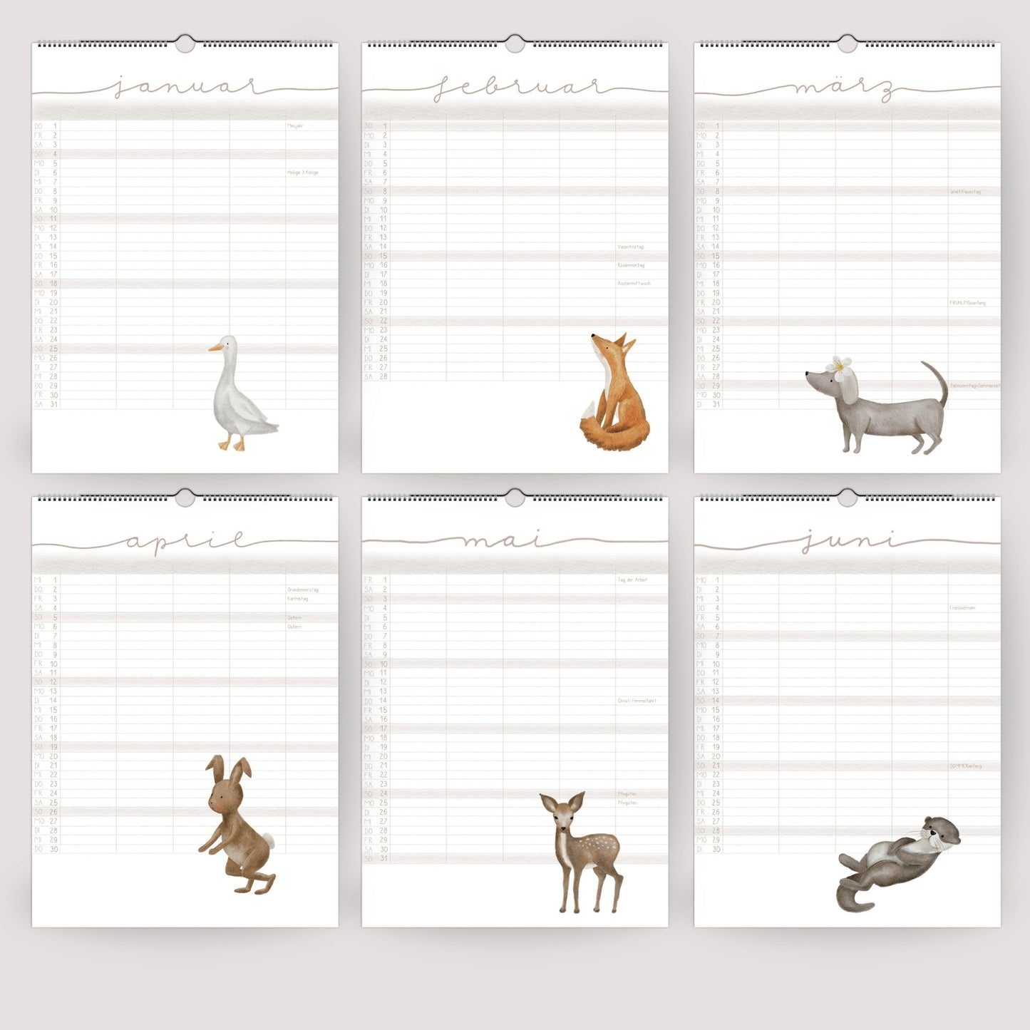 Familienplaner 2026 "Waldtiere" - Handillustrierter Wandkalender für die ganze Familie mit 5 Spalten