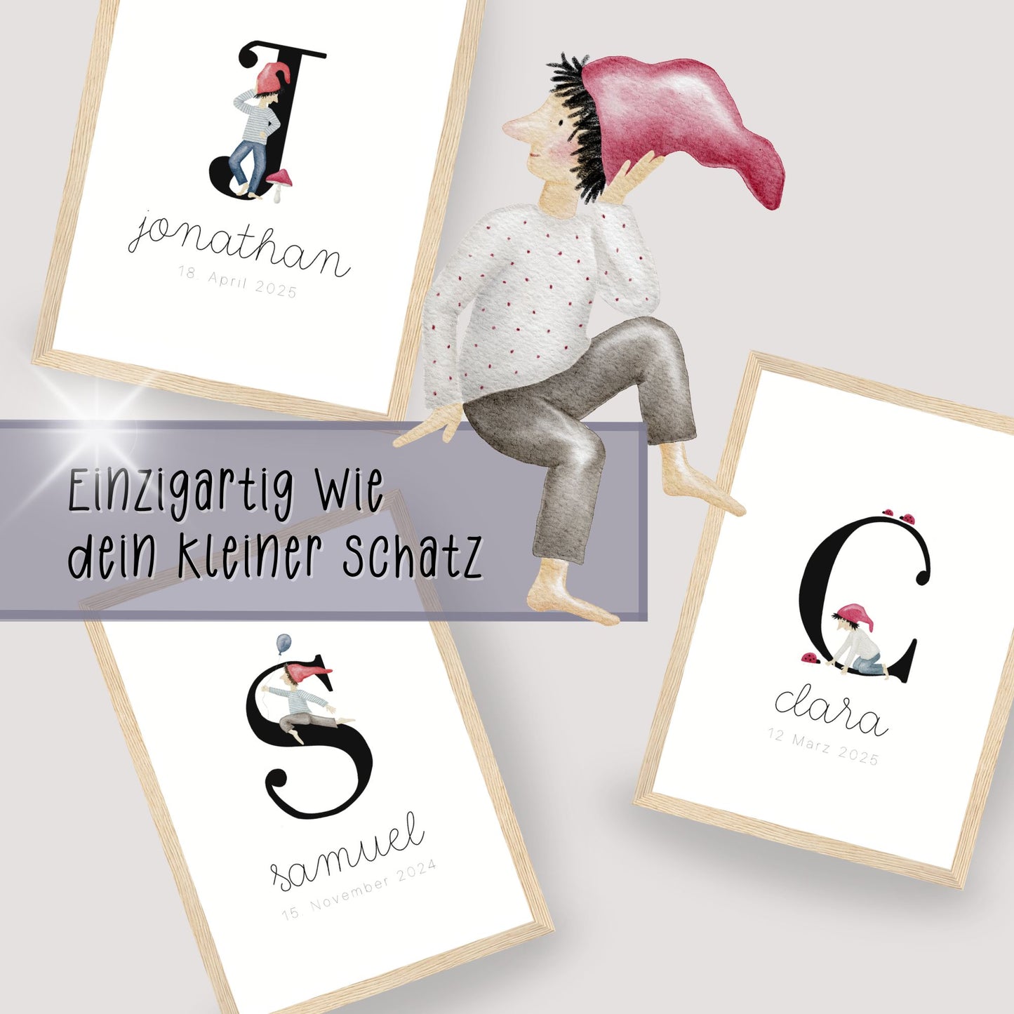 gerahmtes Geburtsposter mit Zwergenbuchstabe (personalisierbar)