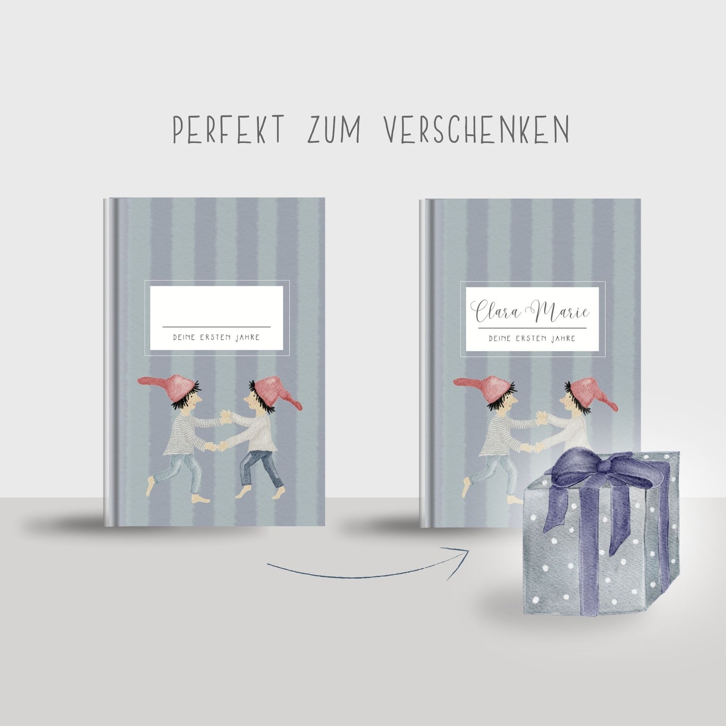 Baby Erinnerungsbuch handillustriert Zwergendesign | Babyalbum 0–3 Jahre Hardcover | Geschenk zur Geburt & Taufe | Aquarell Ausfüllalbum