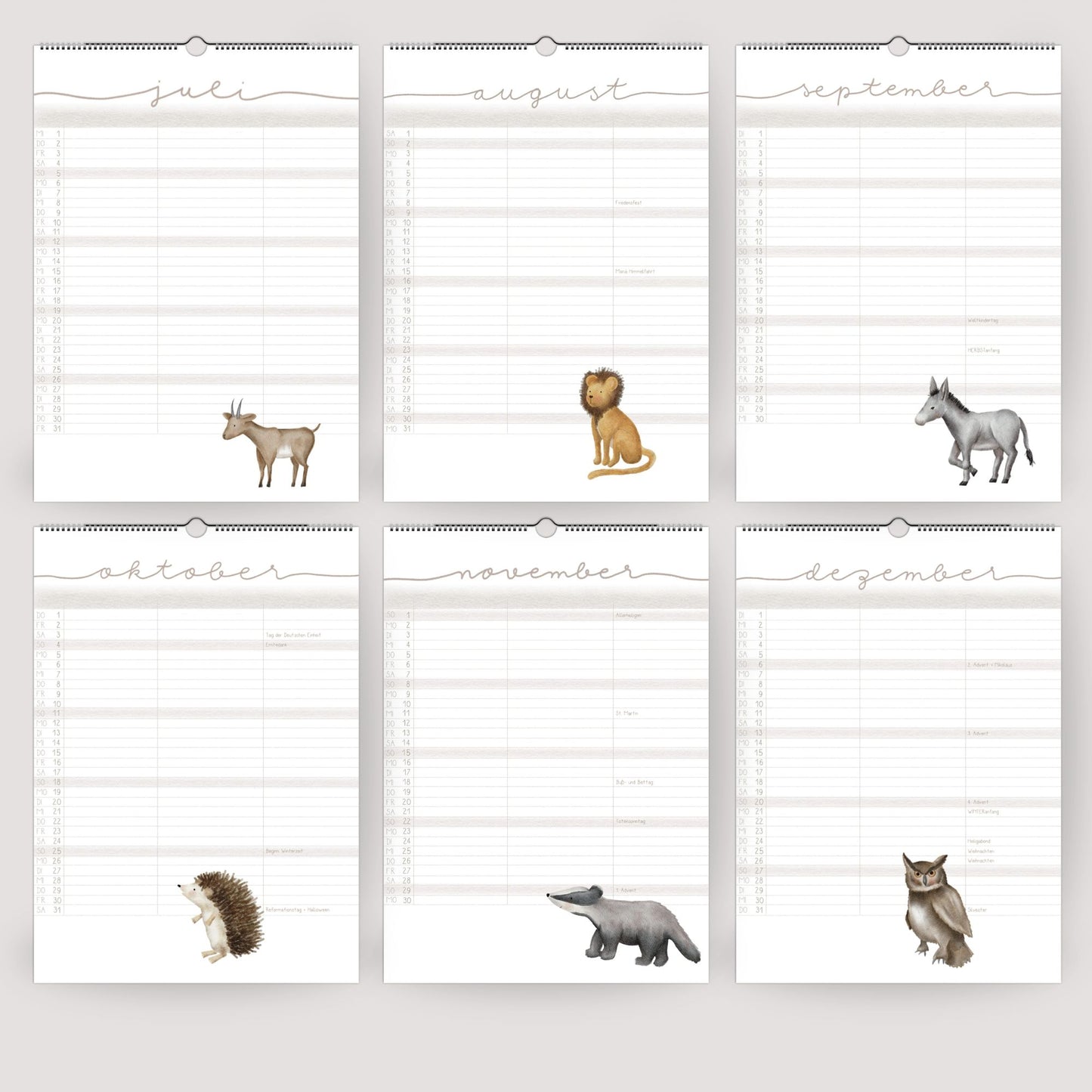 Familienplaner 2026 "Waldtiere" - Handillustrierter Wandkalender für die ganze Familie mit 3 Spalten