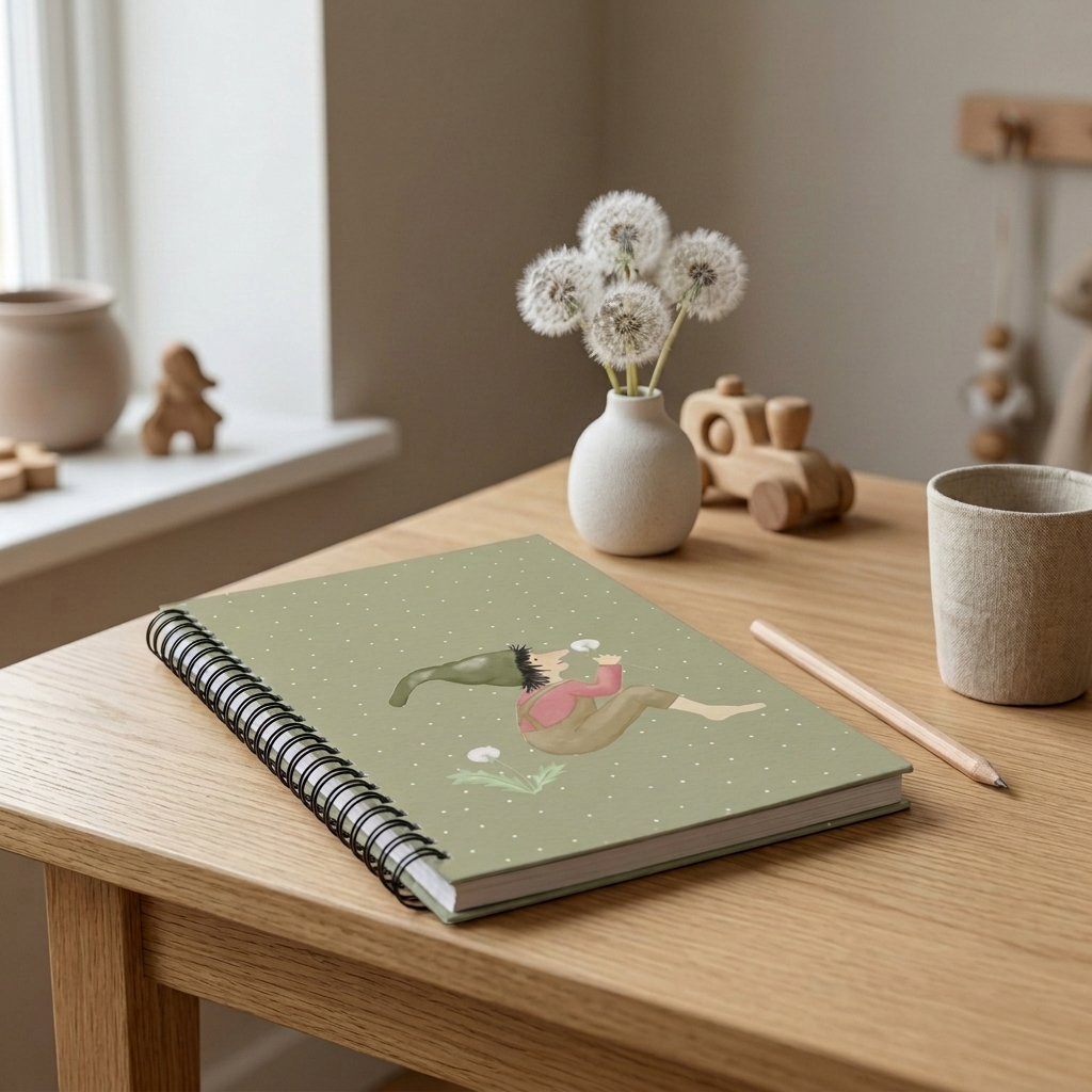 Notizbuch Pusteblumen-Zwerg als Flatlay mit Stift und Papeterie