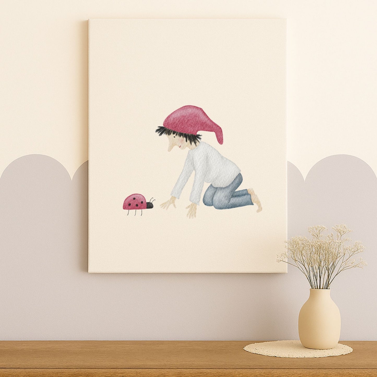 Leinwand "Glückszwerg mit Marienkäfer“