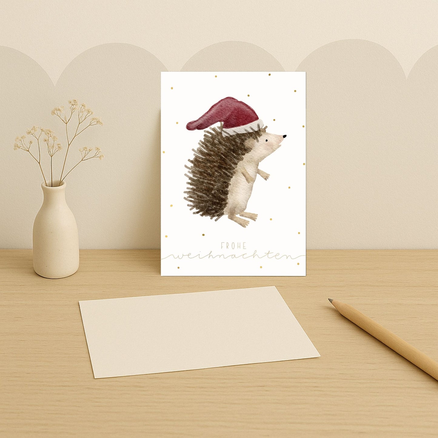 Weihnachtskarten Set 10 Stück  – Igel mit Weihnachtsmütze | liebevoll illustrierte Grußkarten A5/A6 | Motiv „Frohe Weihnachten“