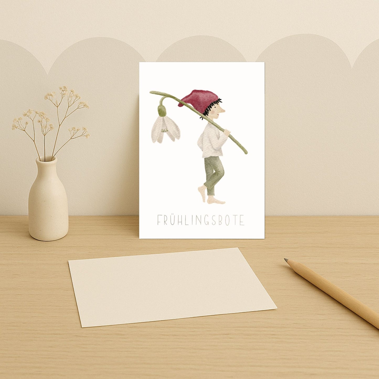 Karten 10er Set "Frühlingsbote" – Grußkarten A6/A5 mit kleinem Zwerg und Schneeglöckchen