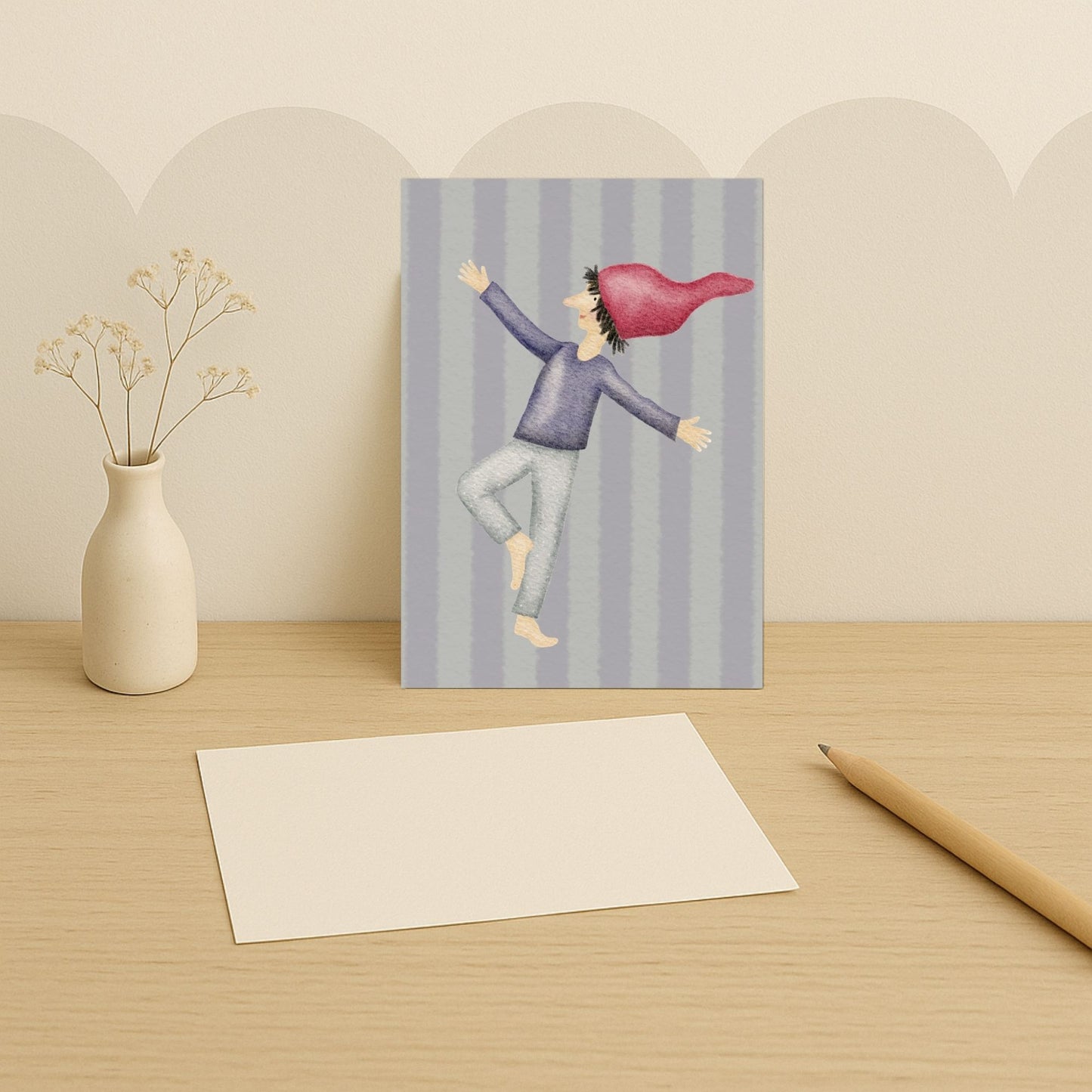 Grußkarten Set 10 Stück – Zwergenumarmung | handillustrierte Karten A6/A5 | Streifen-Motiv & liebevoller Gruß