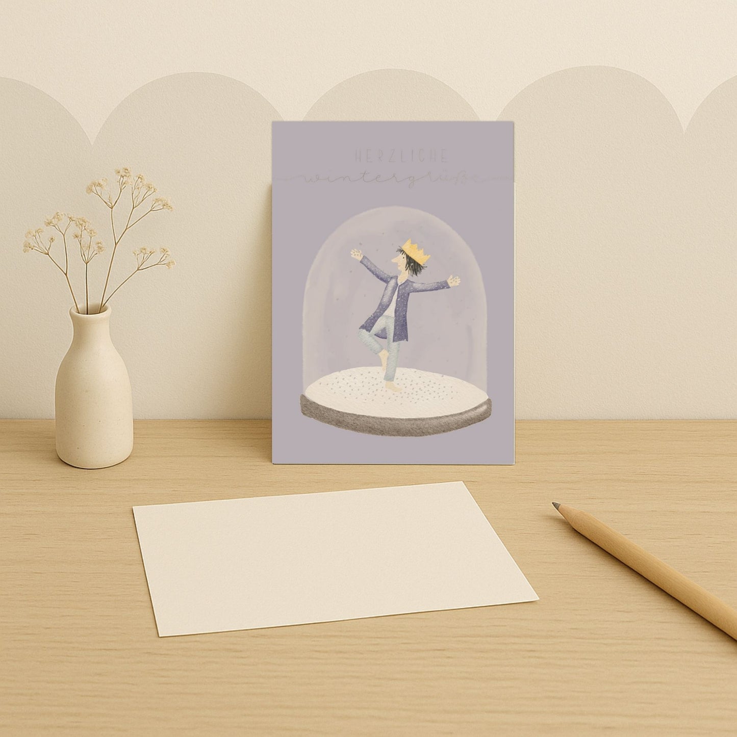 Winterkarten Set 10 Stück – "Kleiner König in Schneekugel" | handillustrierte Grußkarten A5/A6 | „Herzliche Wintergrüße“