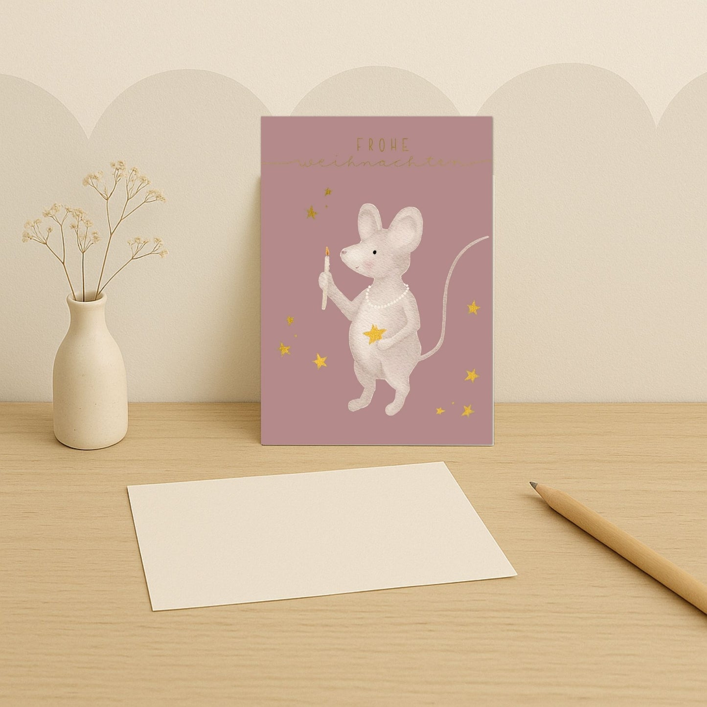 Weihnachtskarten Set 10 Stück – kleine "Weihnachtsmaus mit Kerze" | liebevoll illustrierte Grußkarten A5/A6 | „Frohe Weihnachten“