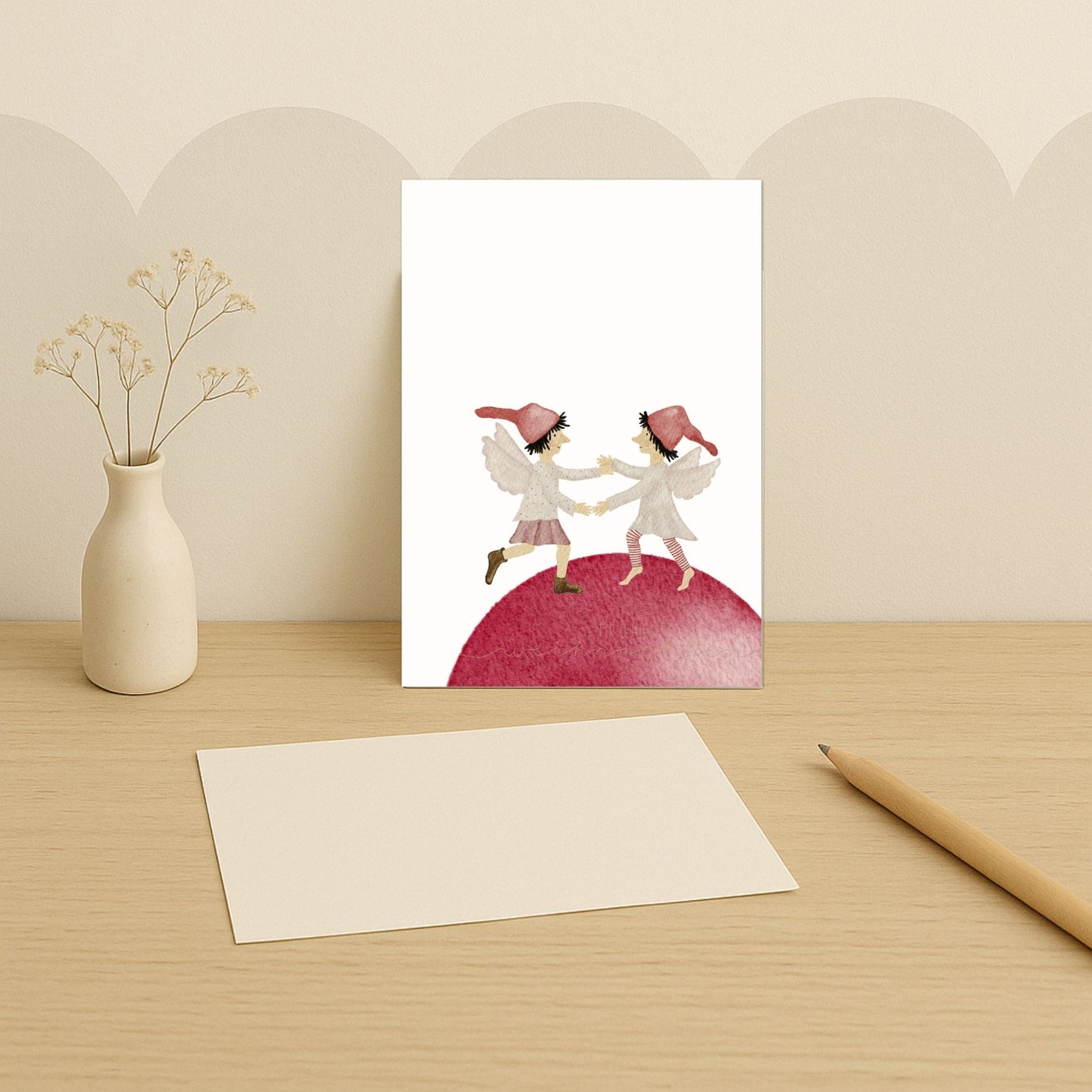 Weihnachtskarten Set 10 Stück – Tanzende Weihnachtselfen auf Christbaumkugel | handillustrierte Grußkarten A6/A5 | Motiv „Frohe Weihnachten“