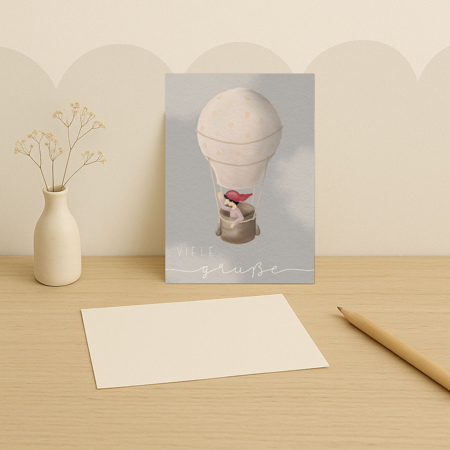 Grußkarten Set 10 Stück – "Zwerg auf Ballonfahrt" | liebevoll illustrierte Postkarten A5/A6 | Motiv „Viele Grüße“
