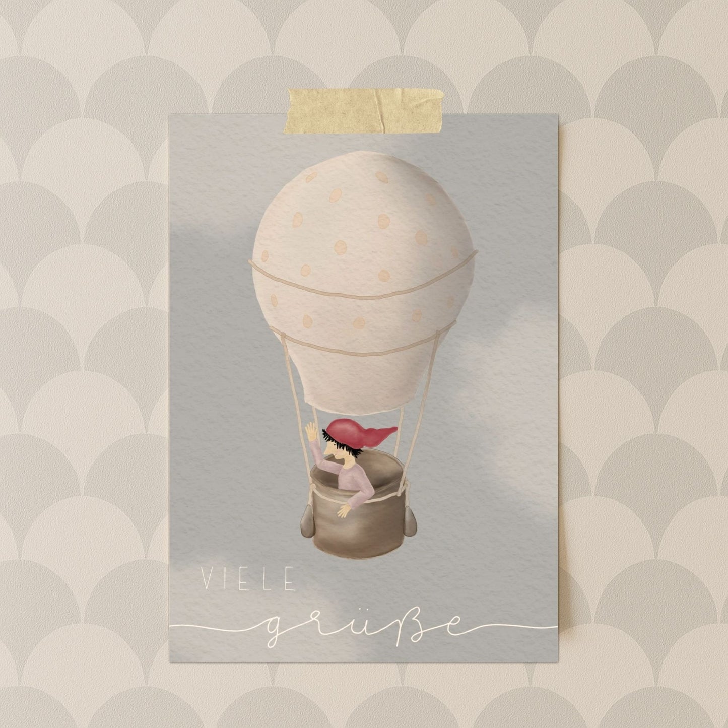 Grußkarten Set 10 Stück – "Zwerg auf Ballonfahrt" | liebevoll illustrierte Postkarten A5/A6 | Motiv „Viele Grüße“