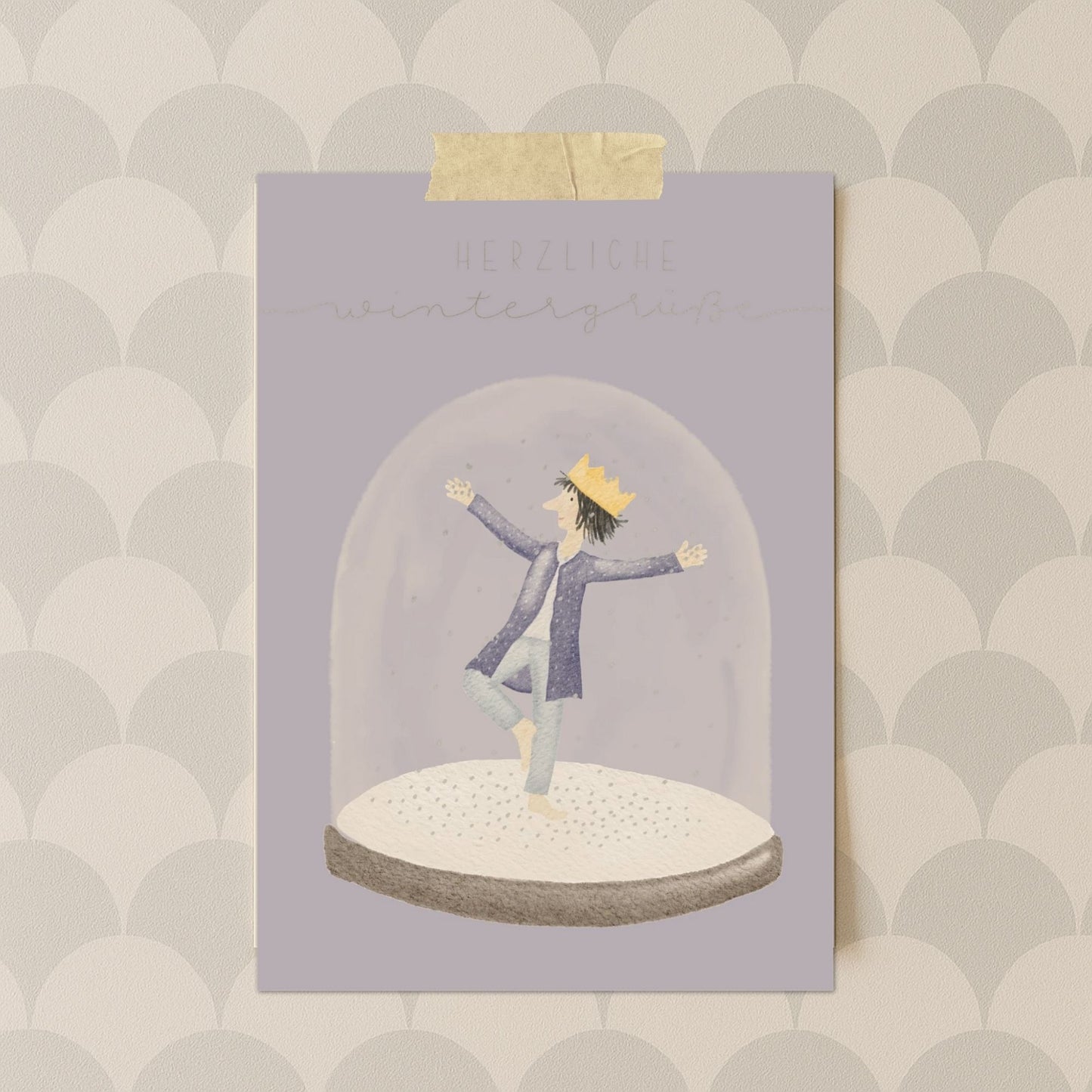 Winterkarten Set 10 Stück – "Kleiner König in Schneekugel" | handillustrierte Grußkarten A5/A6 | „Herzliche Wintergrüße“
