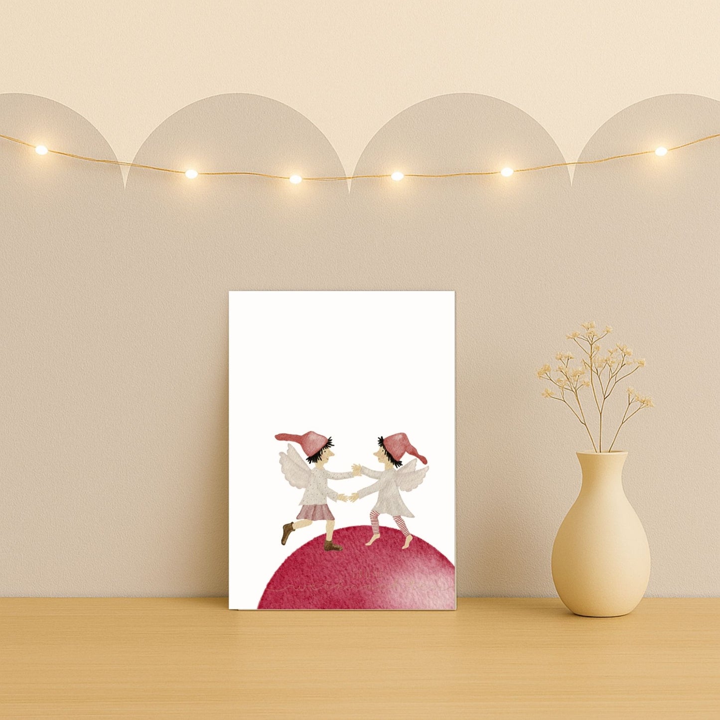 Weihnachtskarten Set 10 Stück – Tanzende Weihnachtselfen auf Christbaumkugel | handillustrierte Grußkarten A6/A5 | Motiv „Frohe Weihnachten“