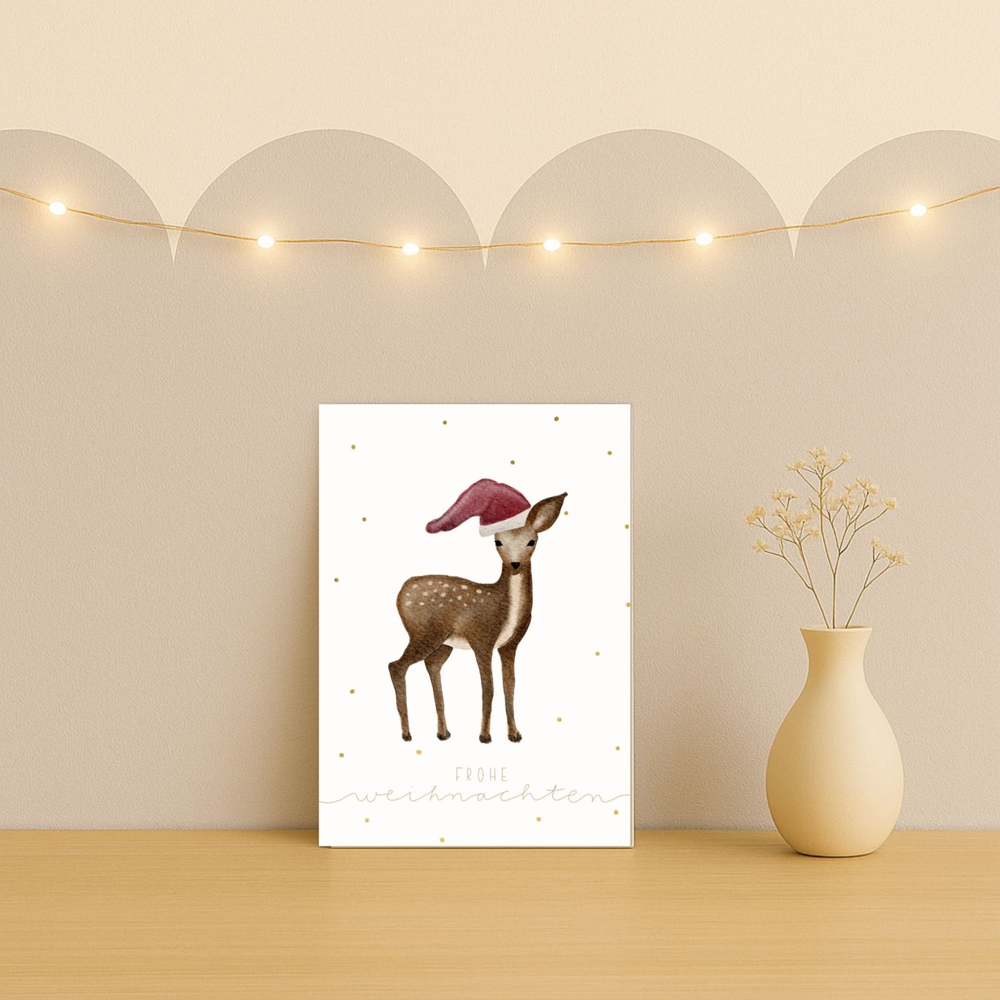 Weihnachtskarten Set 10 Stück – Kleines Reh mit Weihnachtsmütze | handillustrierte Grußkarten A5/A6 | Motiv „Frohe Weihnachten“