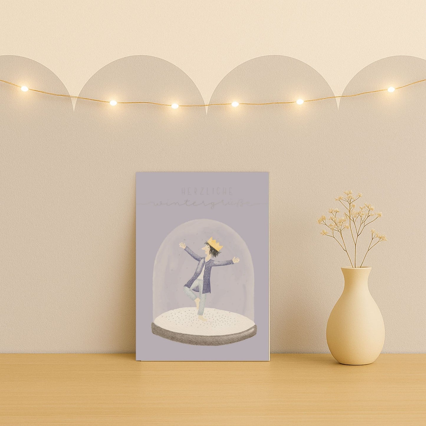 Winterkarten Set 10 Stück – "Kleiner König in Schneekugel" | handillustrierte Grußkarten A5/A6 | „Herzliche Wintergrüße“