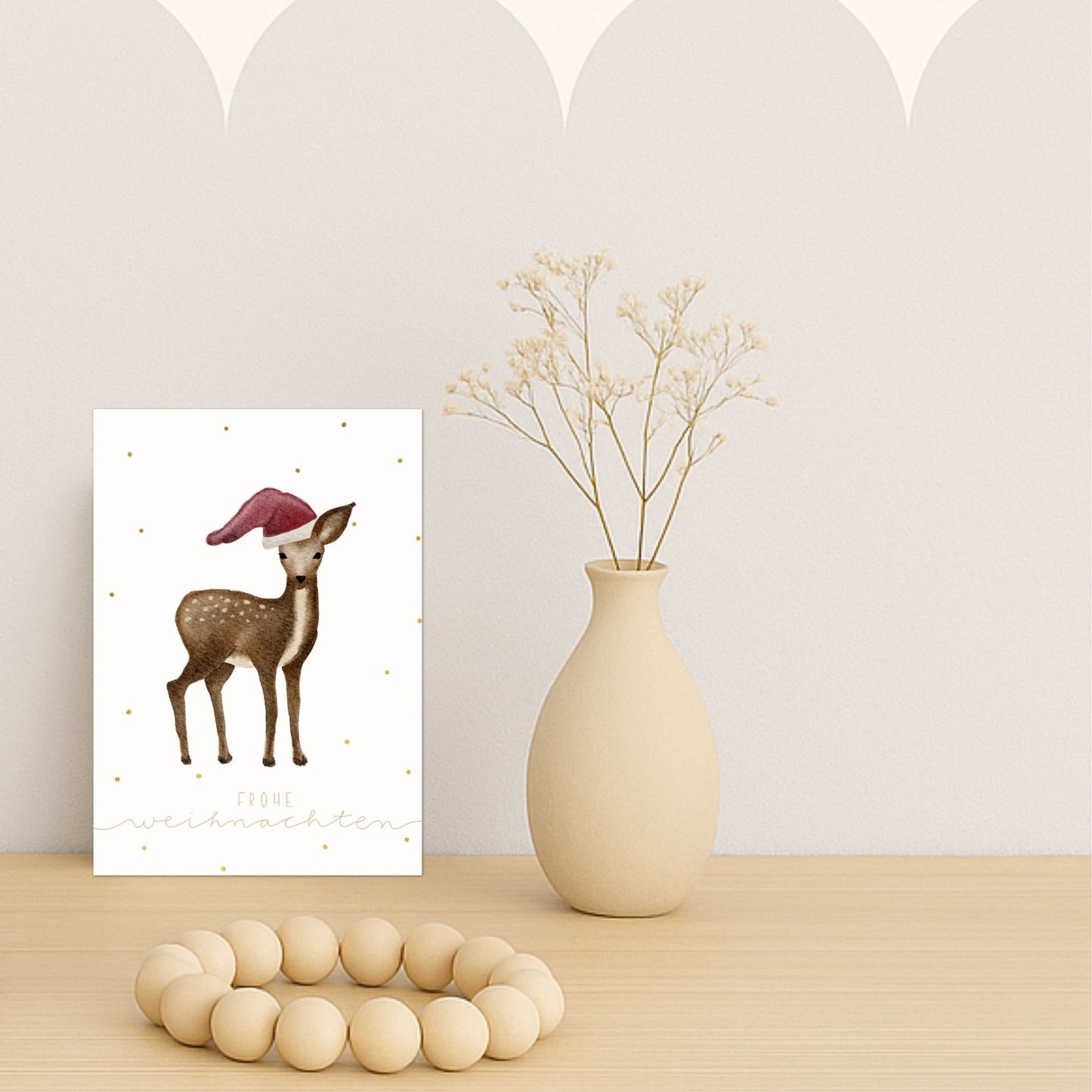 Weihnachtskarten Set 10 Stück – Kleines Reh mit Weihnachtsmütze | handillustrierte Grußkarten A5/A6 | Motiv „Frohe Weihnachten“