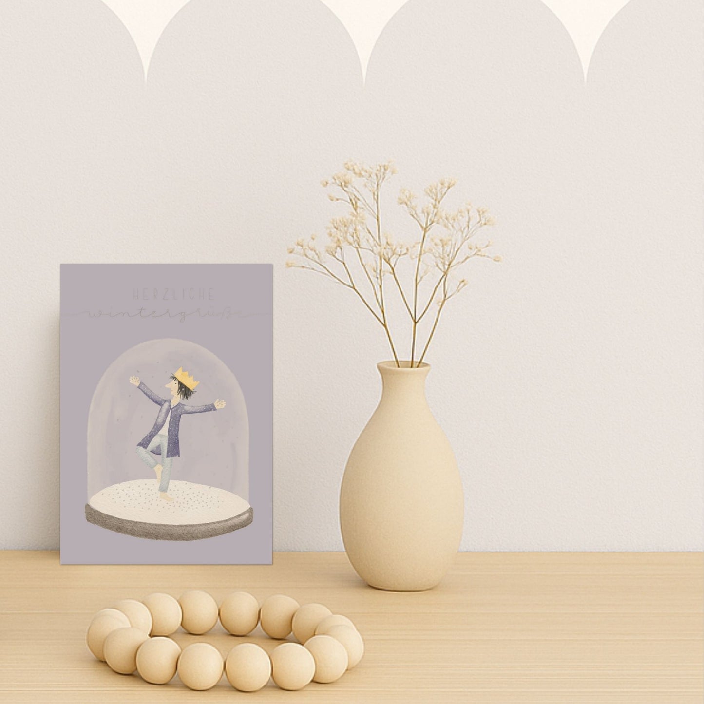 Winterkarten Set 10 Stück – "Kleiner König in Schneekugel" | handillustrierte Grußkarten A5/A6 | „Herzliche Wintergrüße“