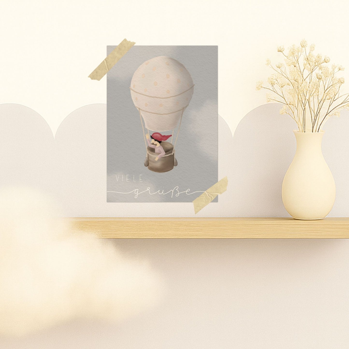 Grußkarten Set 10 Stück – "Zwerg auf Ballonfahrt" | liebevoll illustrierte Postkarten A5/A6 | Motiv „Viele Grüße“