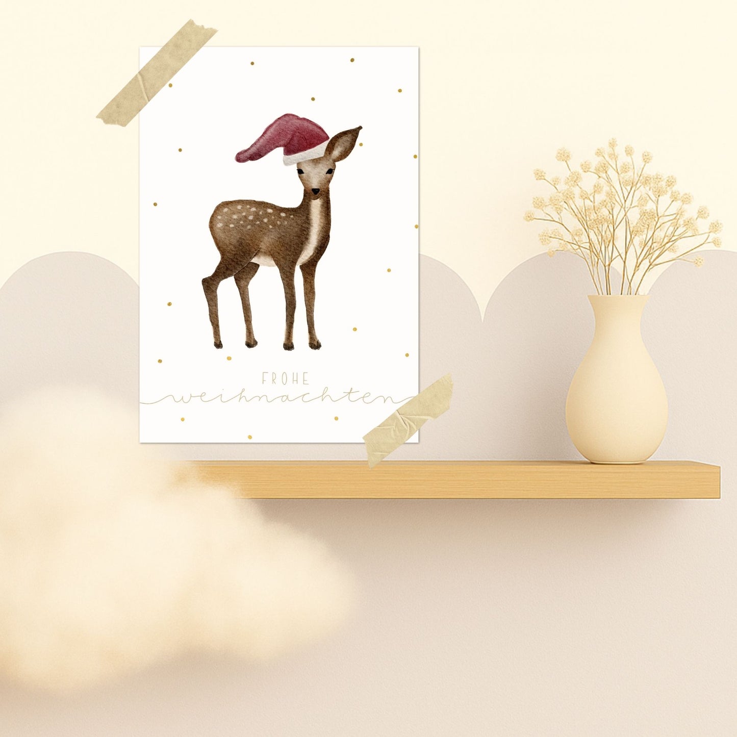 Weihnachtskarten Set 10 Stück – Kleines Reh mit Weihnachtsmütze | handillustrierte Grußkarten A5/A6 | Motiv „Frohe Weihnachten“