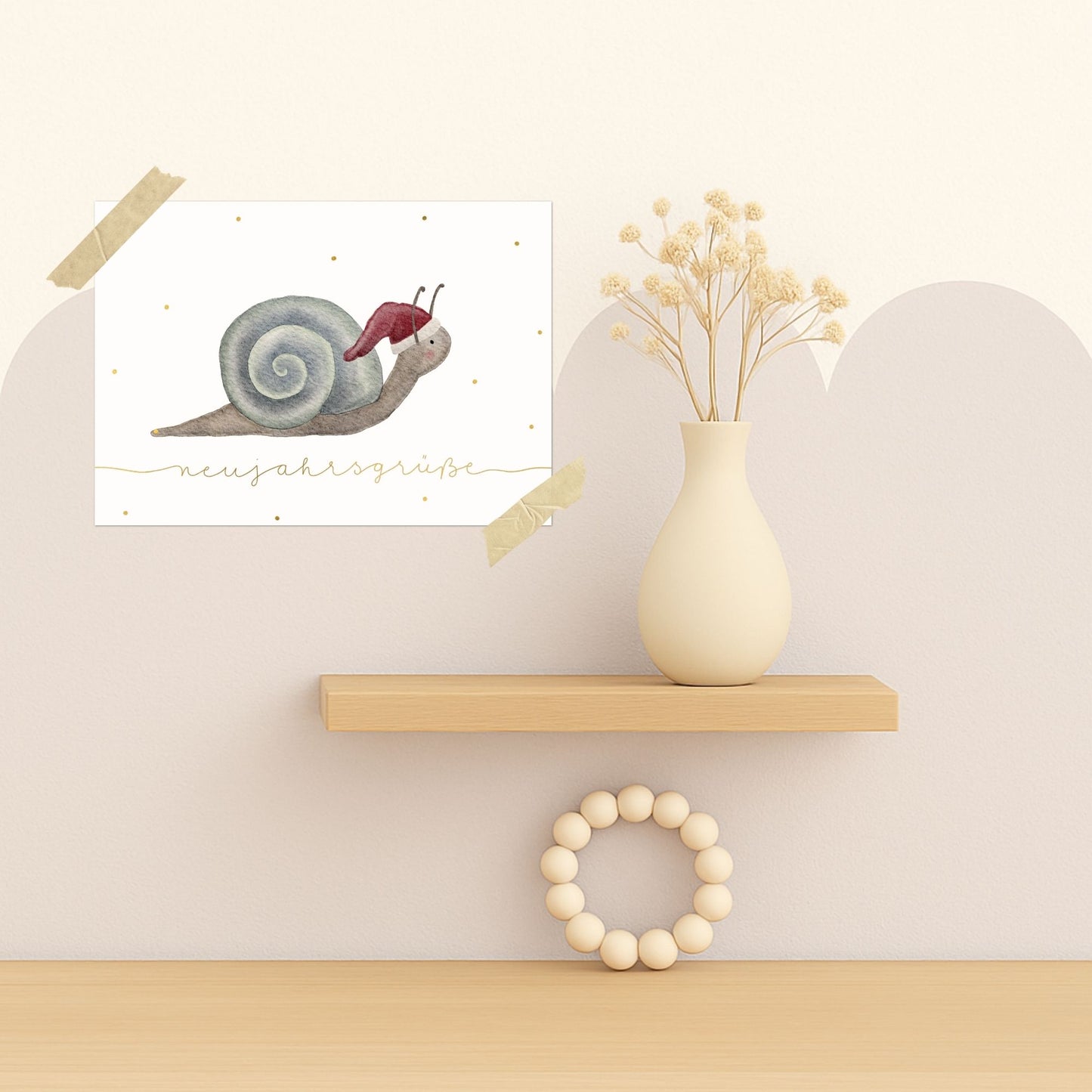 Neujahrskarten 10er Set – Kleine Schnecke mit Weihnachtsmütze | handillustrierte Grußkarten A6/A5 | Motiv „Neujahrsgrüße“