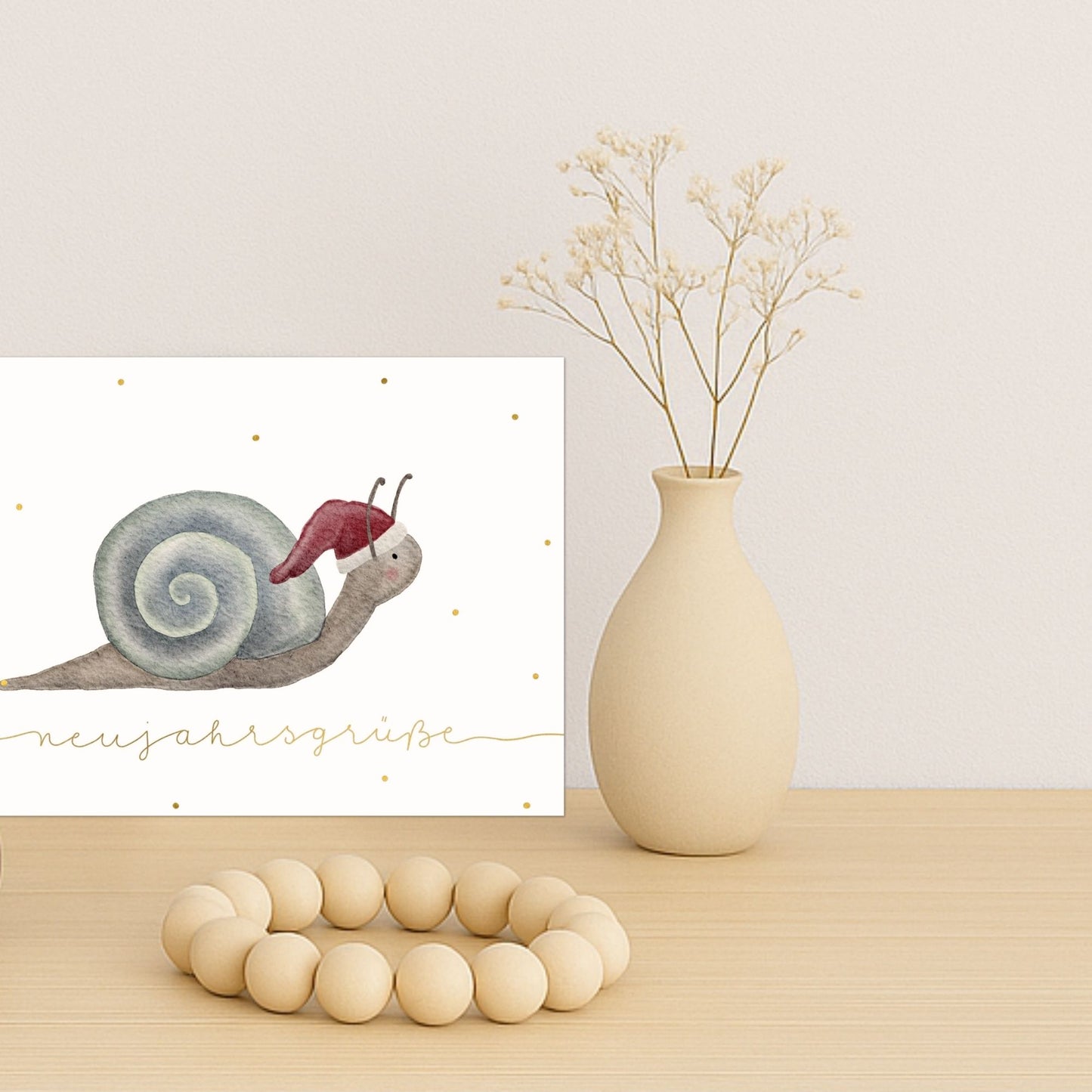 Neujahrskarten 10er Set – Kleine Schnecke mit Weihnachtsmütze | handillustrierte Grußkarten A6/A5 | Motiv „Neujahrsgrüße“