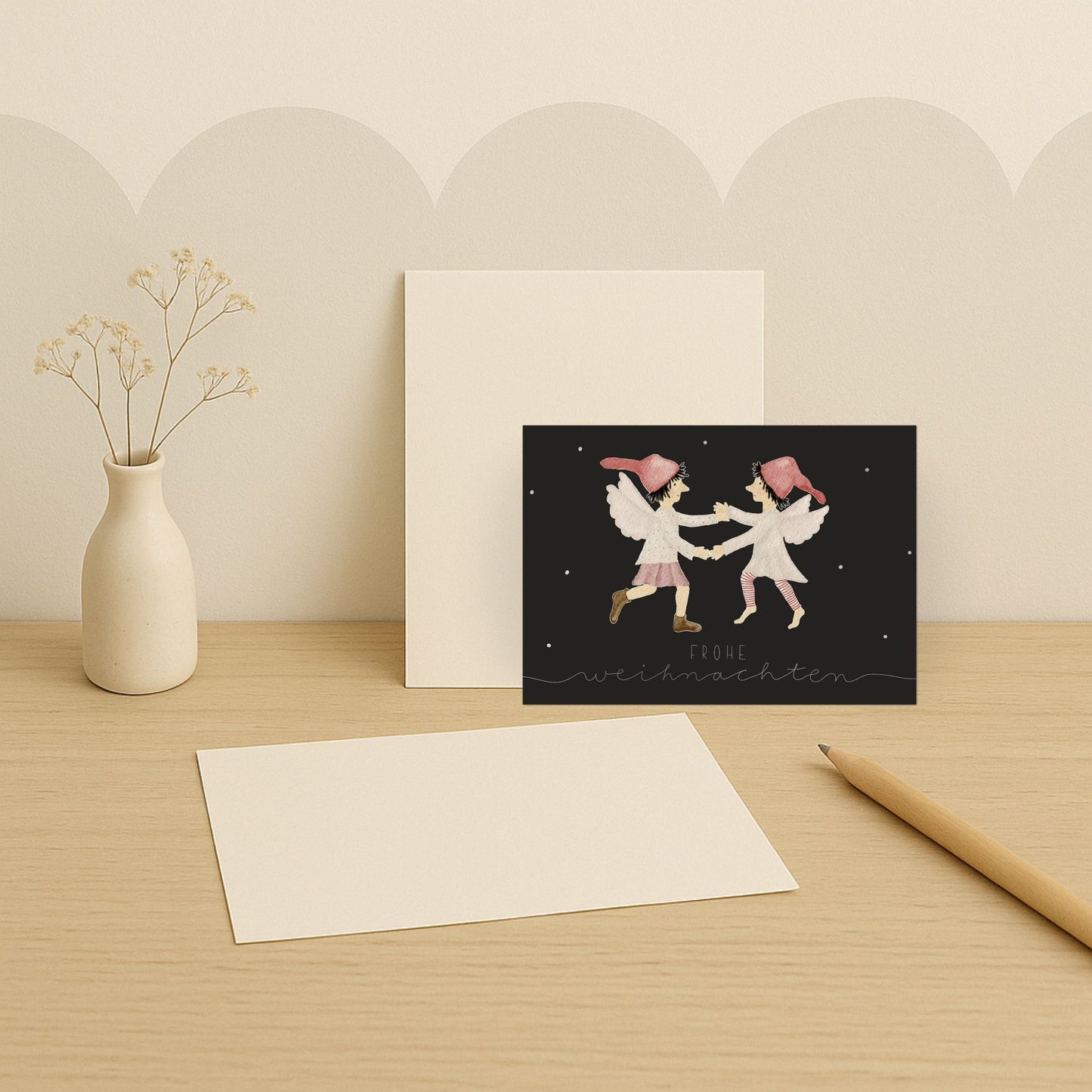 Weihnachtskarten Set 10 Stück  – "tanzende Wichtel" | handillustrierte Grußkarten A6/A5 | Postkarten „Frohe Weihnachten“