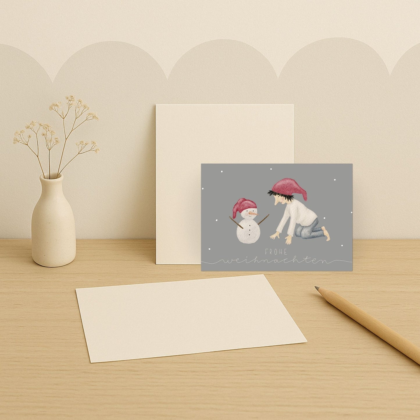 Weihnachtskarten Set 10 Stück – "Wichtel & Schneemann" | handillustrierte Grußkarten/Postkarten A5/A6 | Frohe Weihnachten