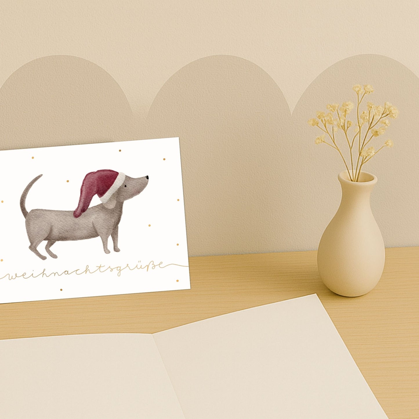 Weihnachtskarten Set 10 Stück – "Dackel mit Weihnachtsmütze" | Grußkarten Weihnachten Hund A6/A5 | Weihnachtsgrüße
